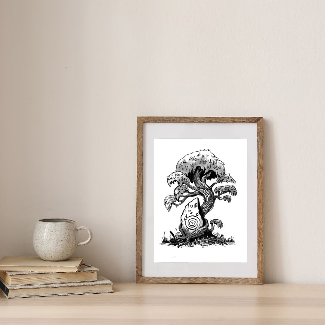 Enchanted Tree & Runestone Art Print – Pen and Ink Forest Illustration