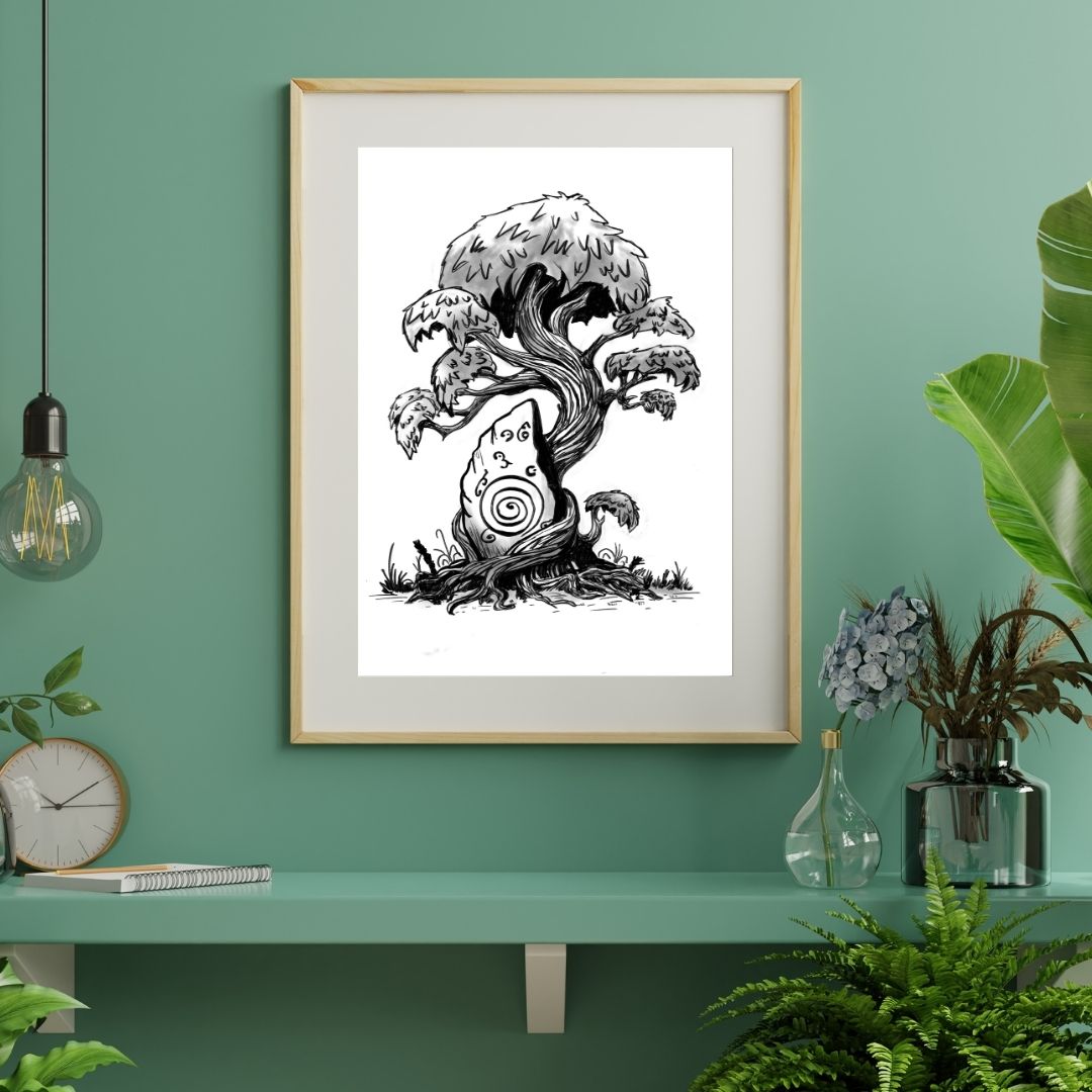 Enchanted Tree & Runestone Art Print – Pen and Ink Forest Illustration