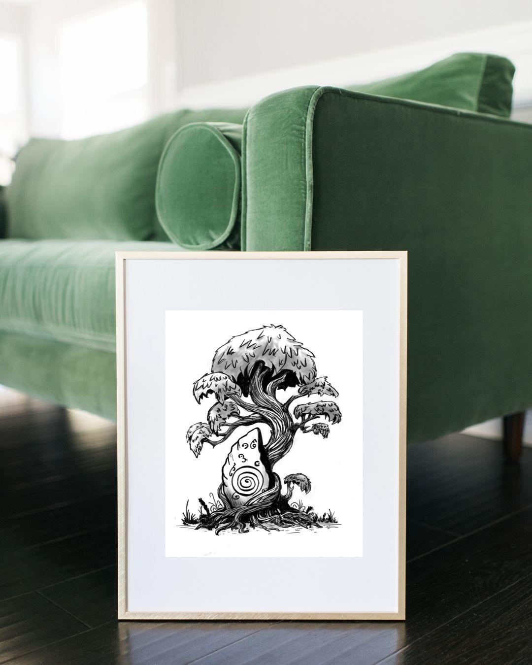 Enchanted Tree & Runestone Art Print – Pen and Ink Forest Illustration