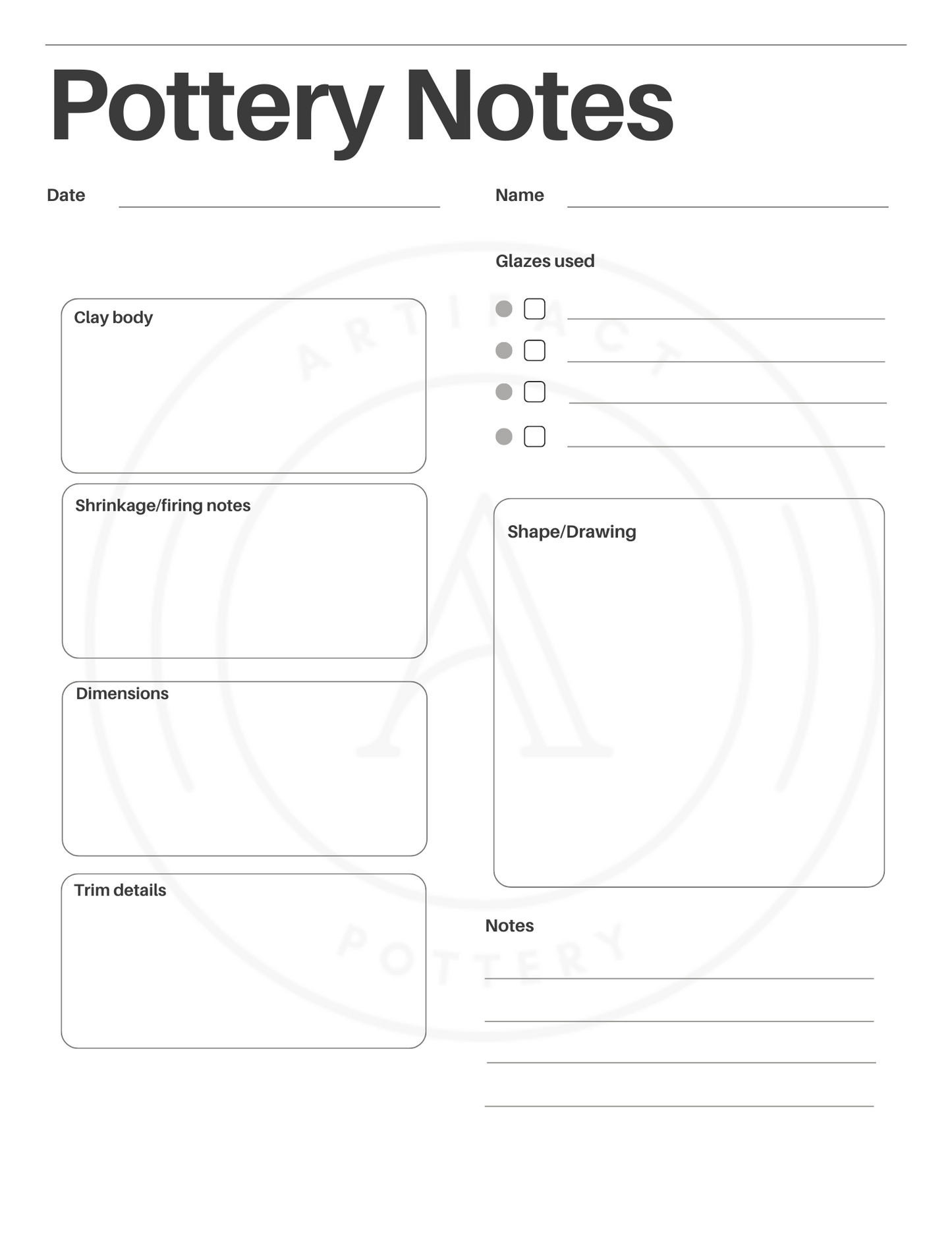 Pottery planner printable
