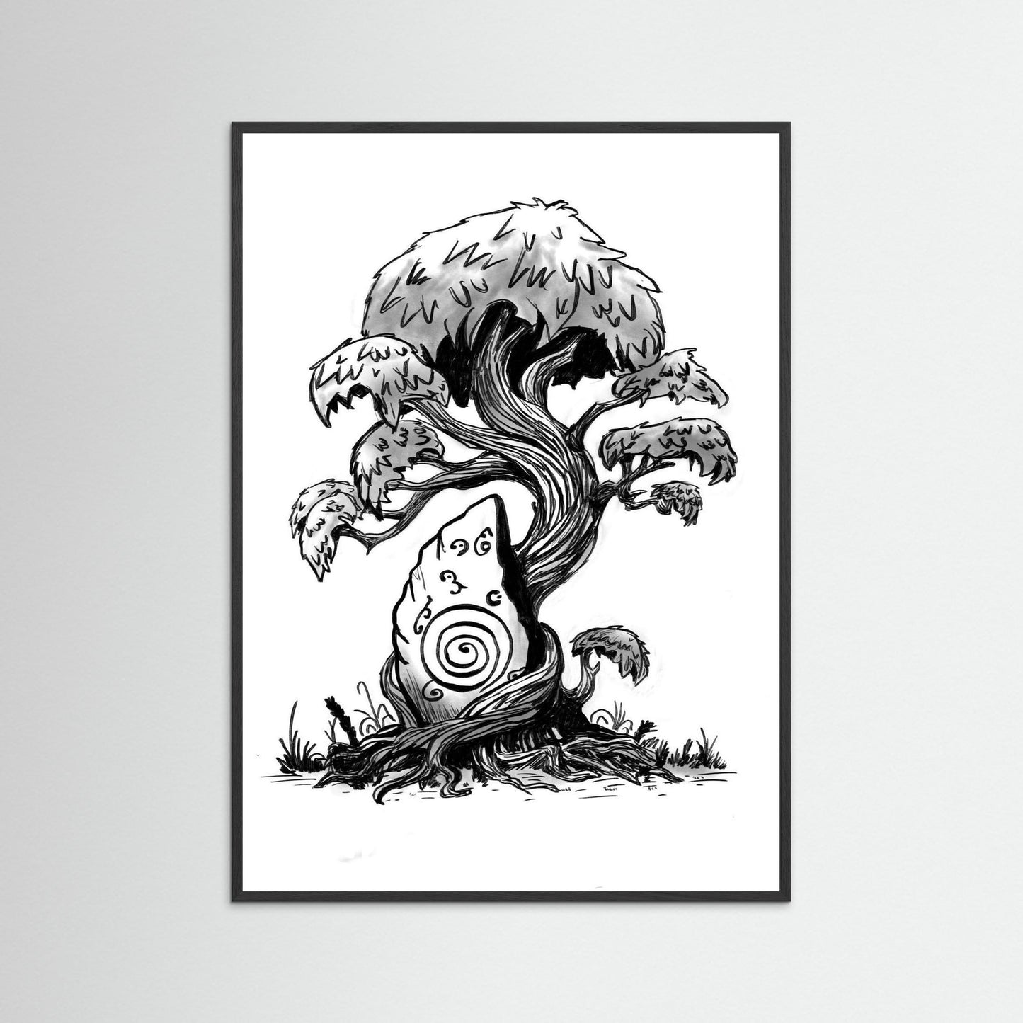 Enchanted Tree & Runestone Art Print – Pen and Ink Forest Illustration