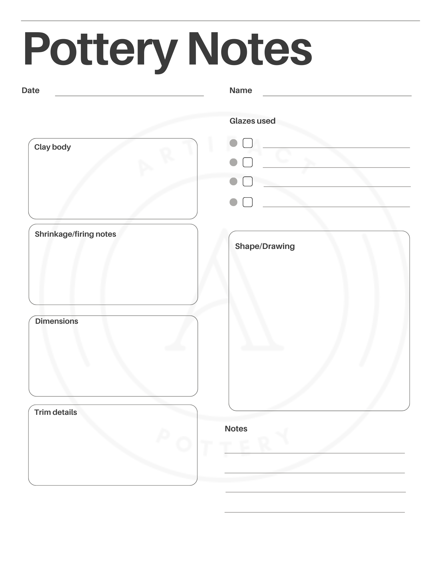 Pottery planner printable